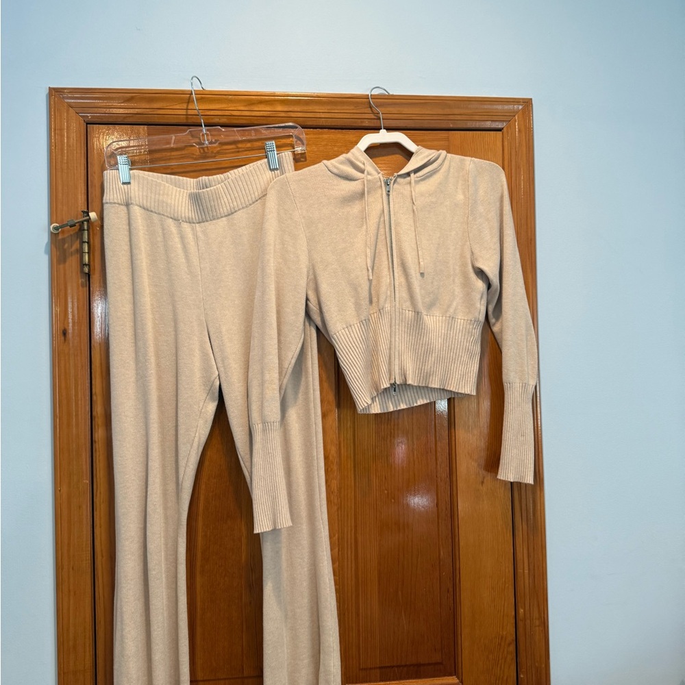 Pink Rose Women's Cream Knit Pants & Hoodie Set